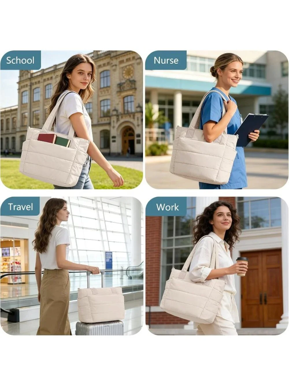 👜Women's Camel Quilted Puffer Tote Bag Lightweight Work For Travel Handbags